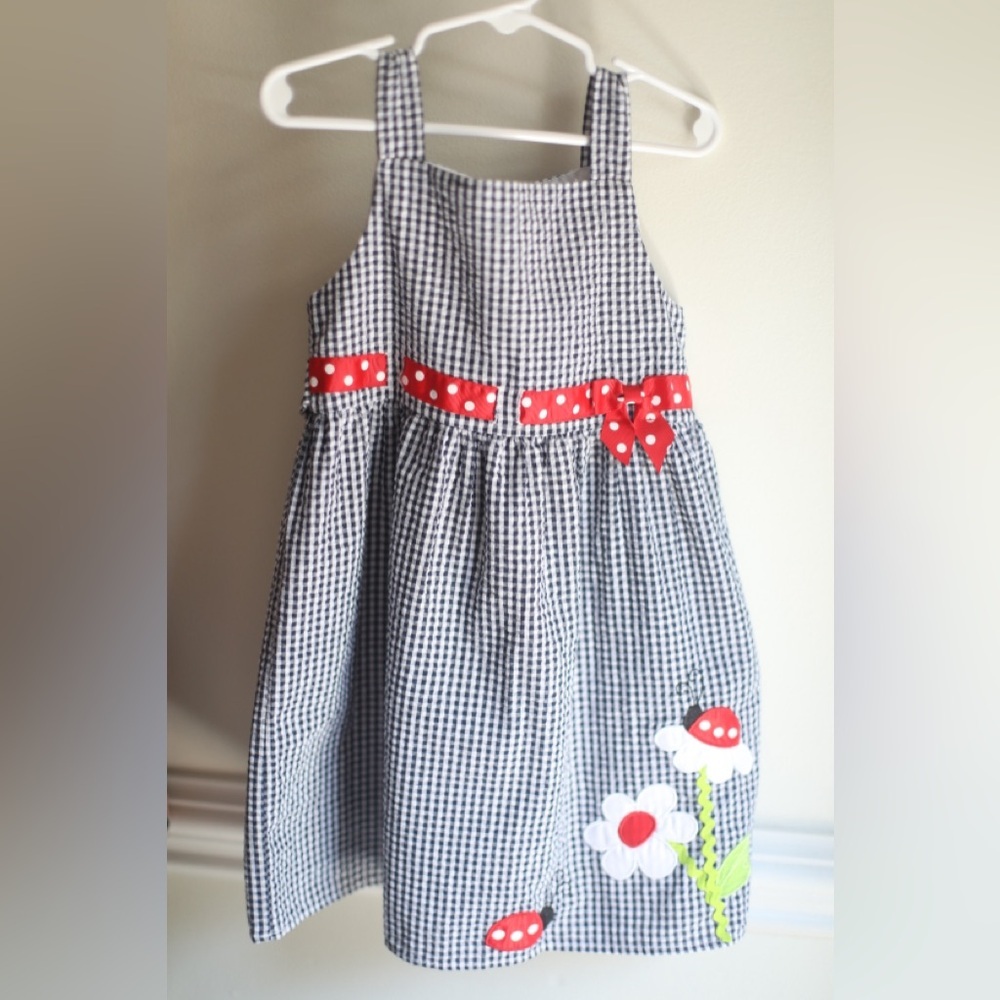 Emily Rose Girls Size 5 Navy Gingham Dress Ladybug Floral Tie Back Garden Party